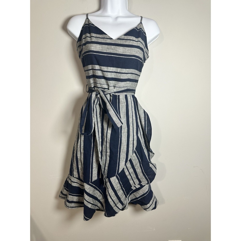 TaROO Navy‎ & Heather Grey Striped Cotton Linen Ruffle Wrap Sundress - Size M